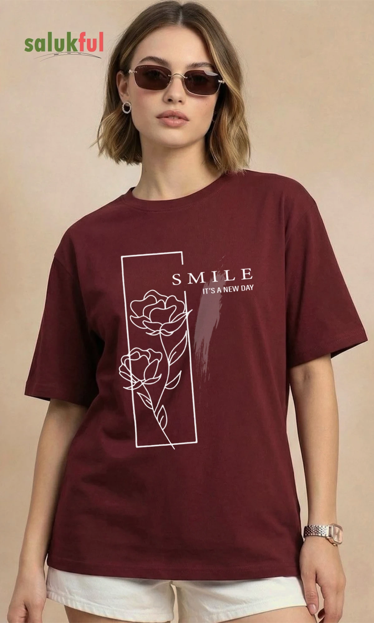 SMILE MAROON MODEL Smile, It's a New Day Women’s Graphic Oversize T-Shirt – Trendy and Comfortable Casual Wear - Image 2