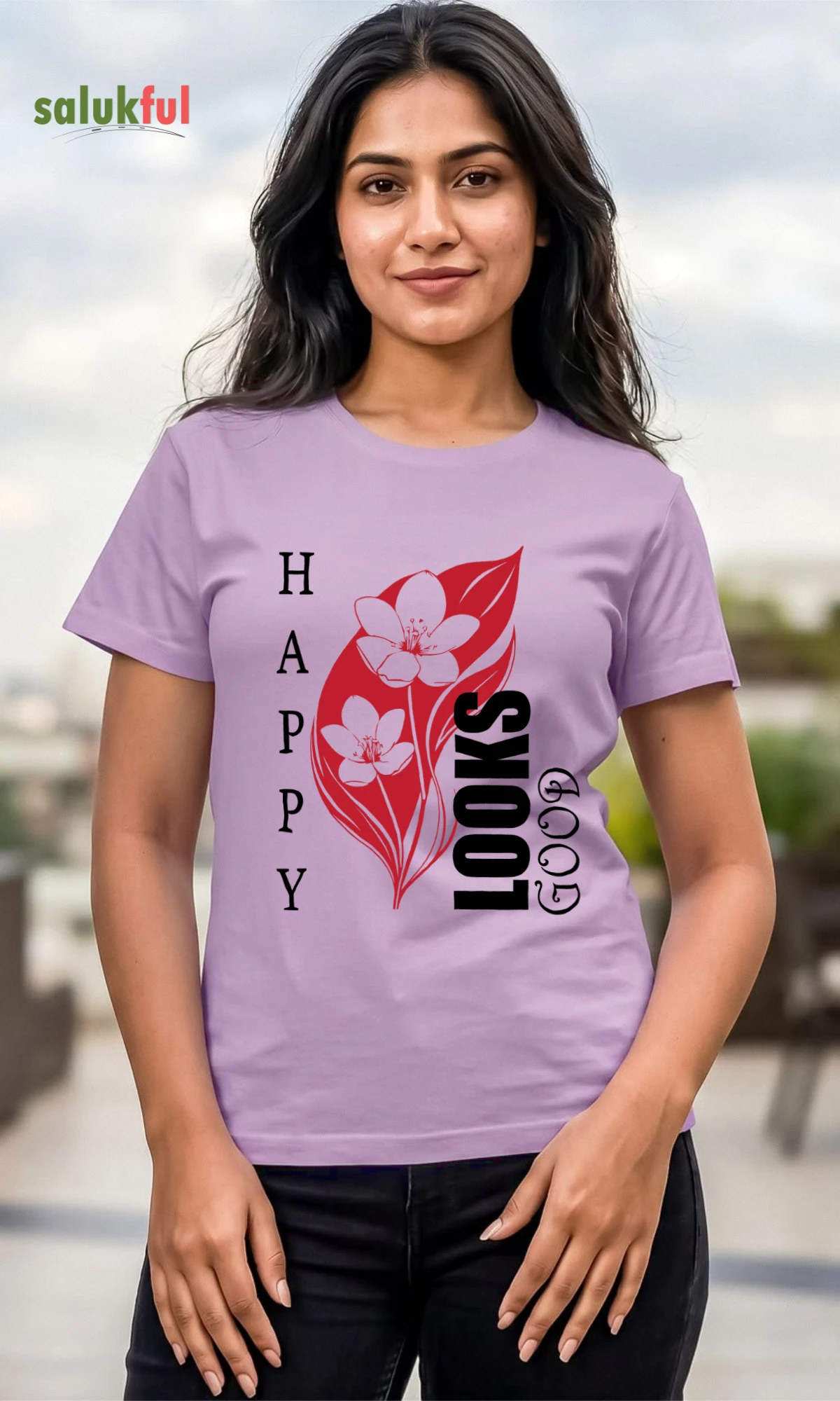 happy looks good lavender2 Happy Looks Good Women Graphic Printed T-shirt | Stylish Cotton Casual T-shirt by Salukful - Image 3