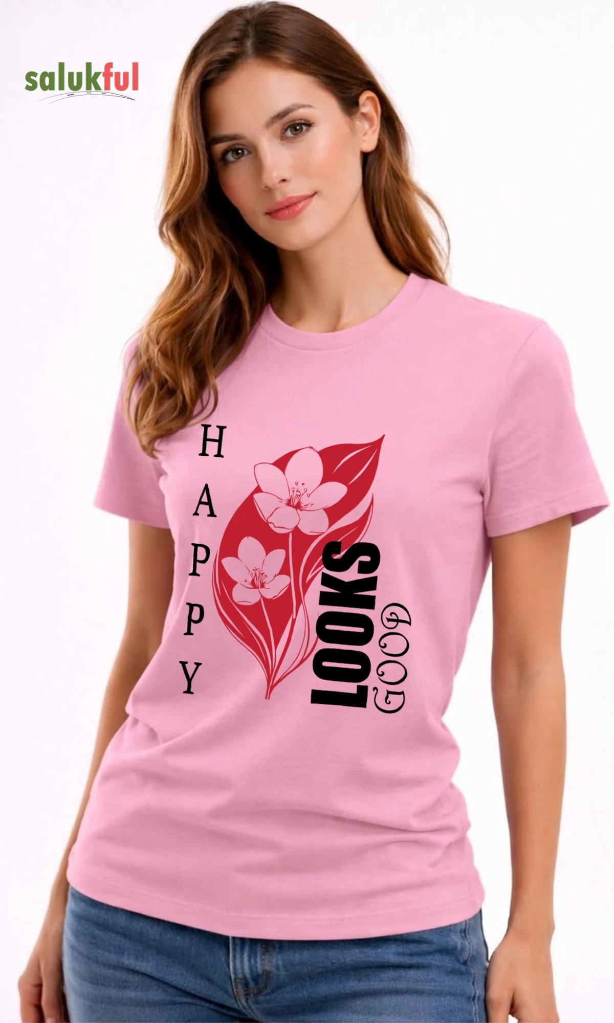 happy looks good pink1 Happy Looks Good Women Graphic Printed T-shirt | Stylish Cotton Casual T-shirt by Salukful - Image 2