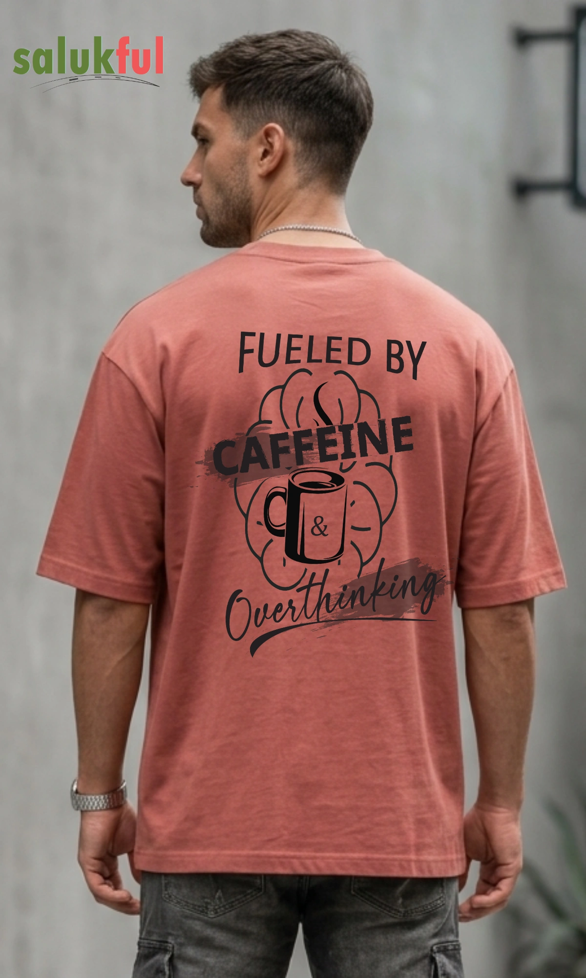 Fueled By Caffeine coral back model