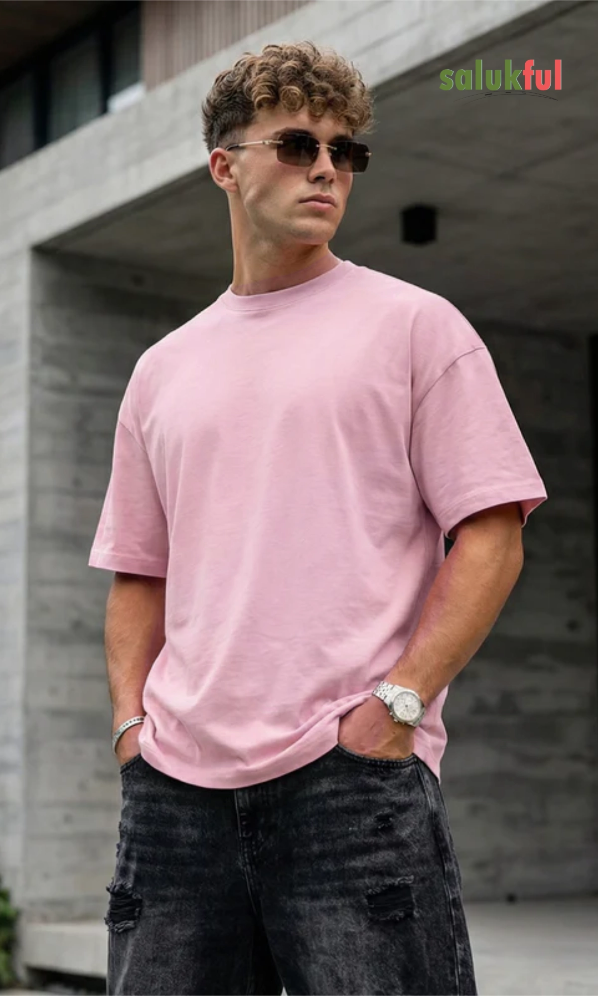 LIGHT PINK FRONT MODEL Art Is an Emotion, Not an Object Men's Oversized Graphic Printed T-Shirt | Premium Cotton Relaxed Fit Streetwear Oversized Tee by Salukful