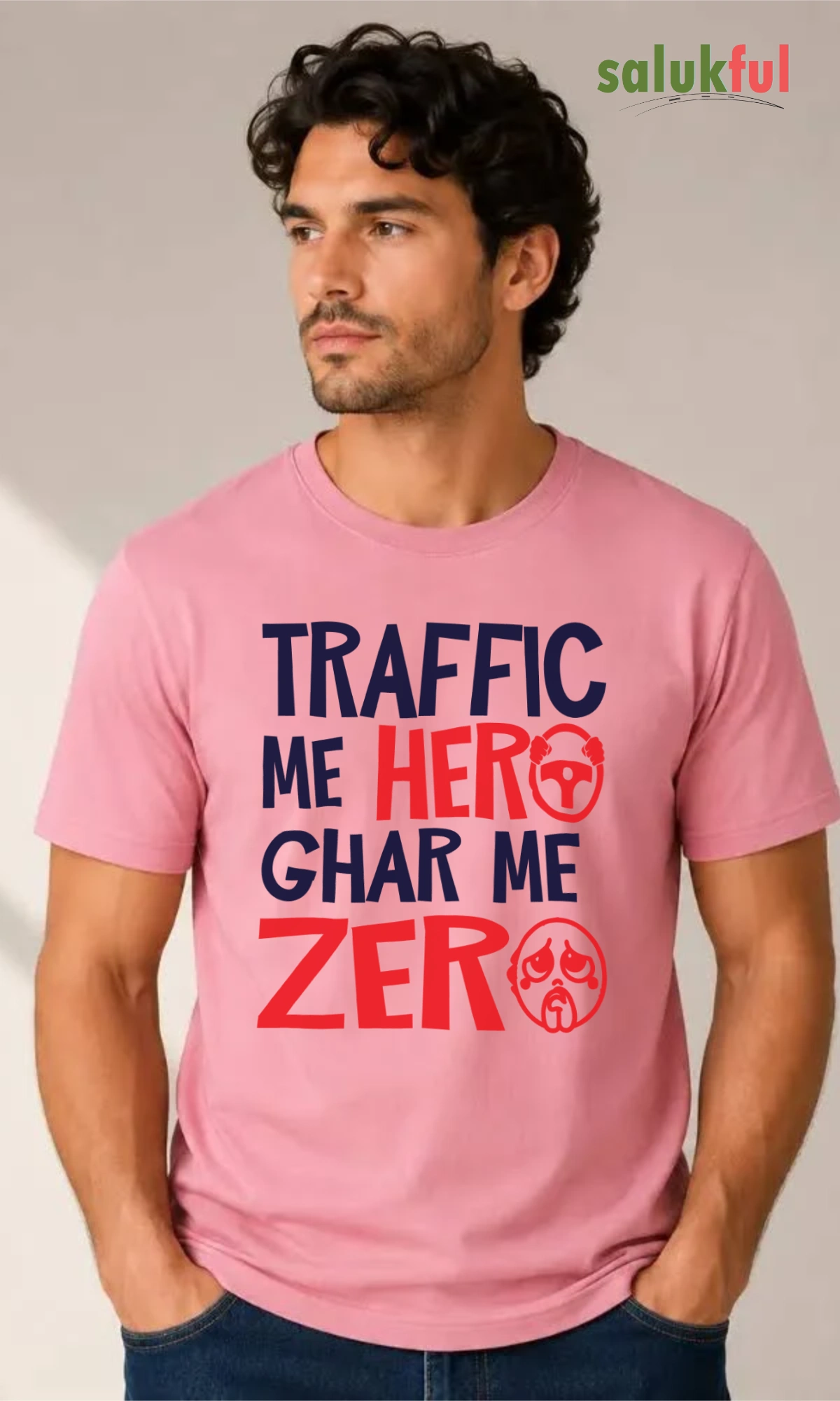 Traffic me hero flamingo Traffic Mein Hero, Ghar Mein Zero Men's Graphic Printed Classic T-Shirt | Premium Cotton Round Neck Casual T-Shirt by Salukful - Image 2