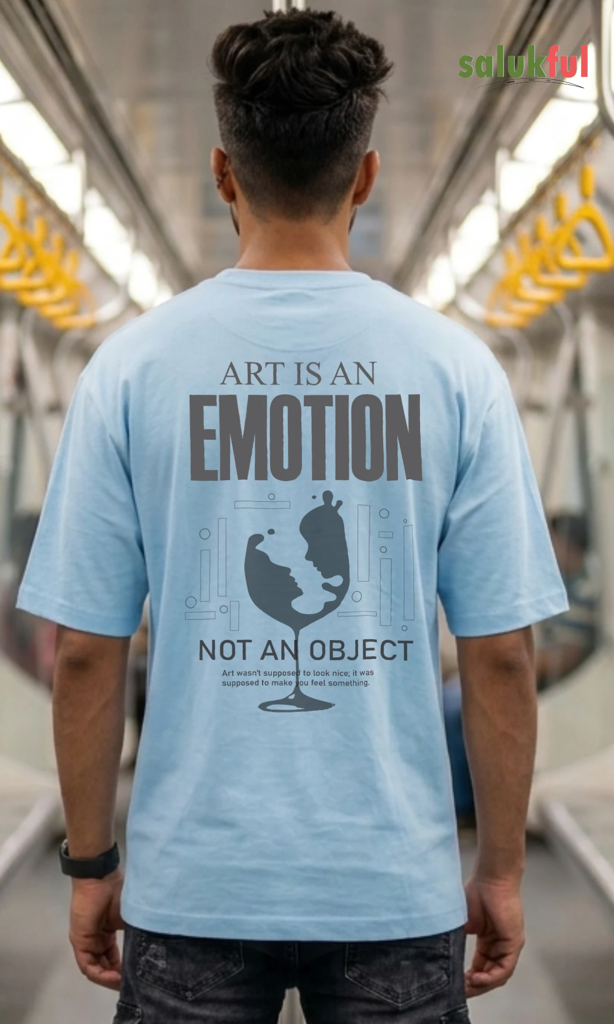 art baby blue back Art Is an Emotion, Not an Object Men's Oversized Graphic Printed T-Shirt | Premium Cotton Relaxed Fit Streetwear Oversized Tee by Salukful - Image 2