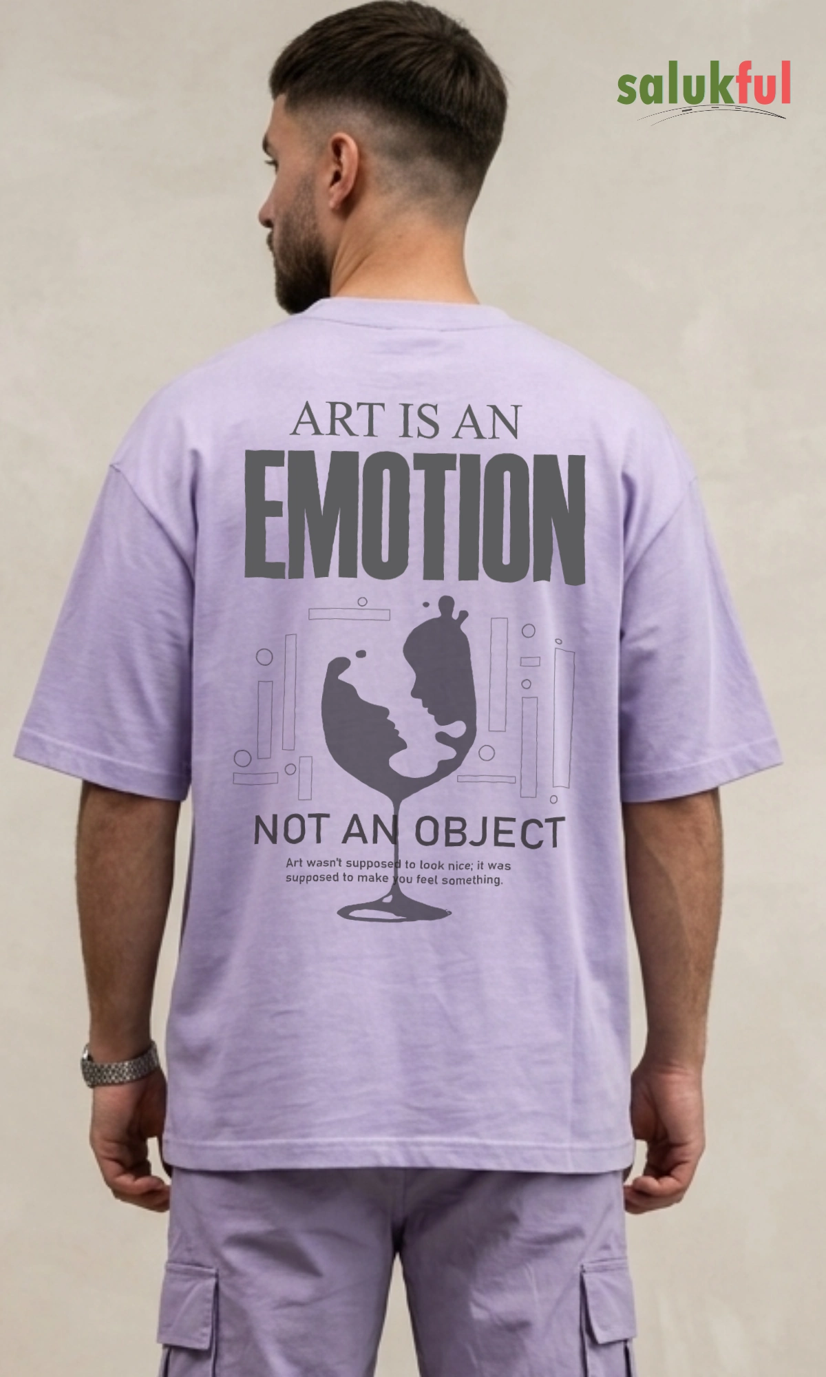 art lavender back Art Is an Emotion, Not an Object Men's Oversized Graphic Printed T-Shirt | Premium Cotton Relaxed Fit Streetwear Oversized Tee by Salukful - Image 4