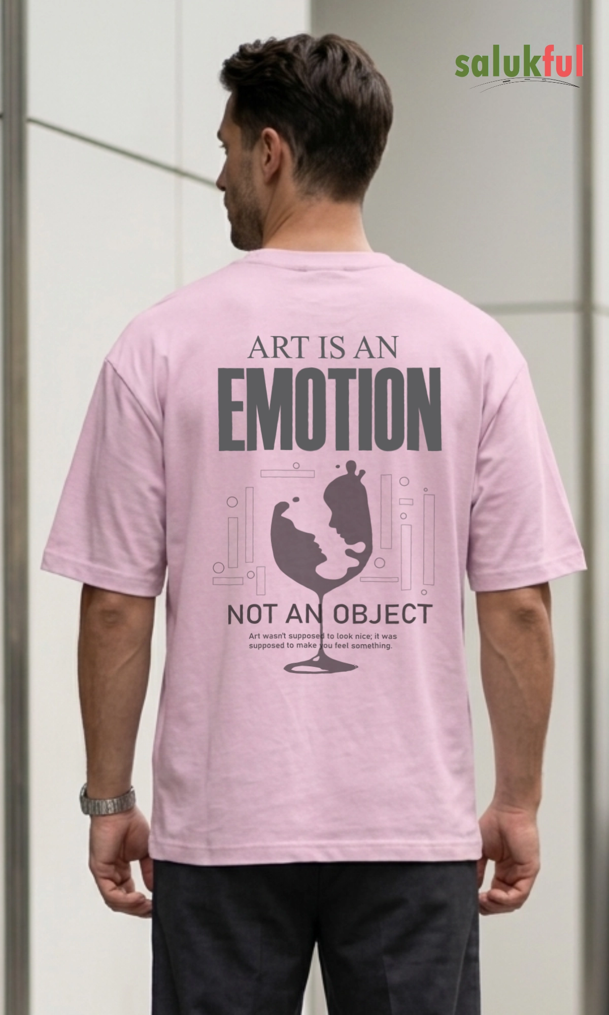 art light pink Art Is an Emotion, Not an Object Men's Oversized Graphic Printed T-Shirt | Premium Cotton Relaxed Fit Streetwear Oversized Tee by Salukful - Image 3