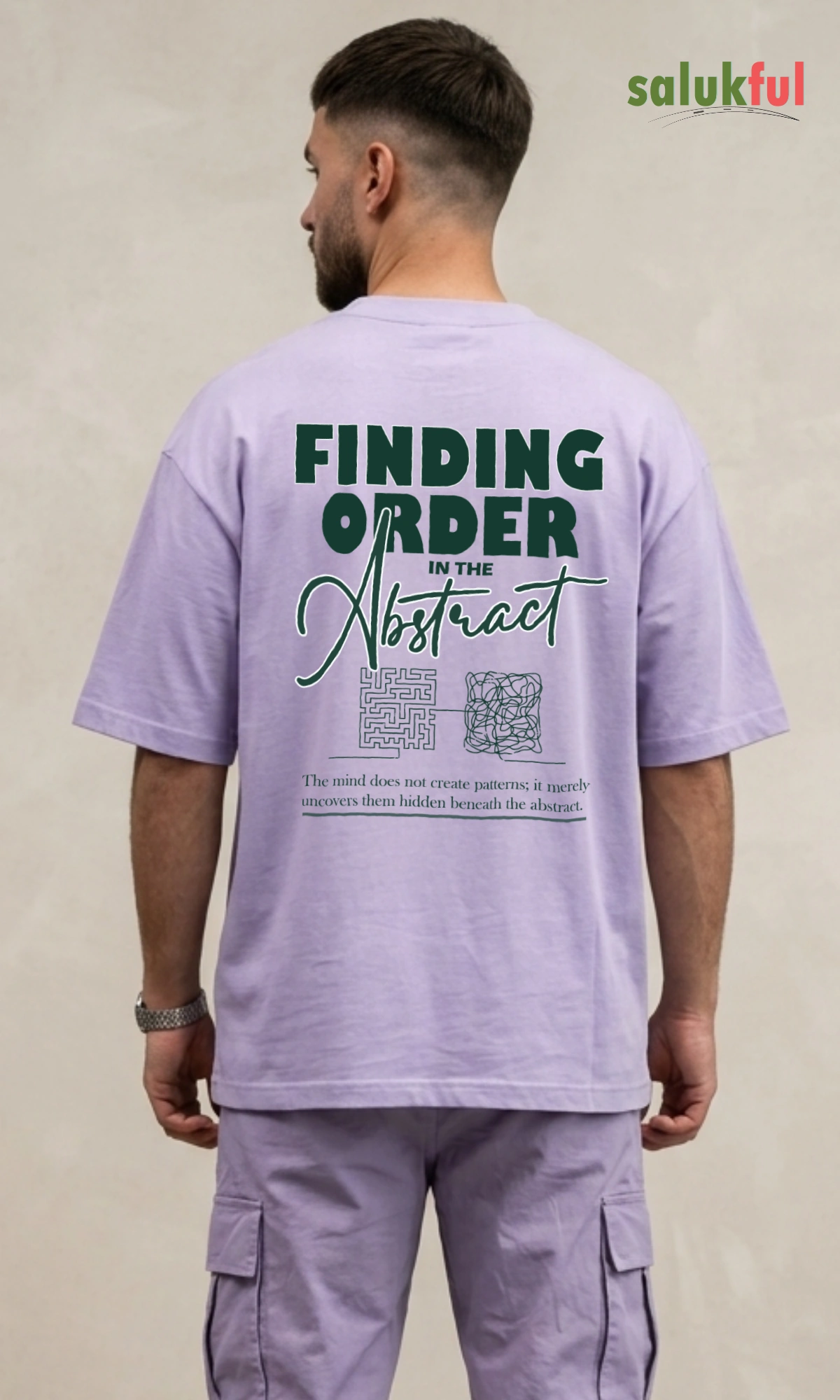 finding order lavender back Finding Order in the Abstract Men's Oversized Graphic Printed T-Shirt | Premium Cotton Relaxed Fit Streetwear Oversized Tee by Salukful - Image 2
