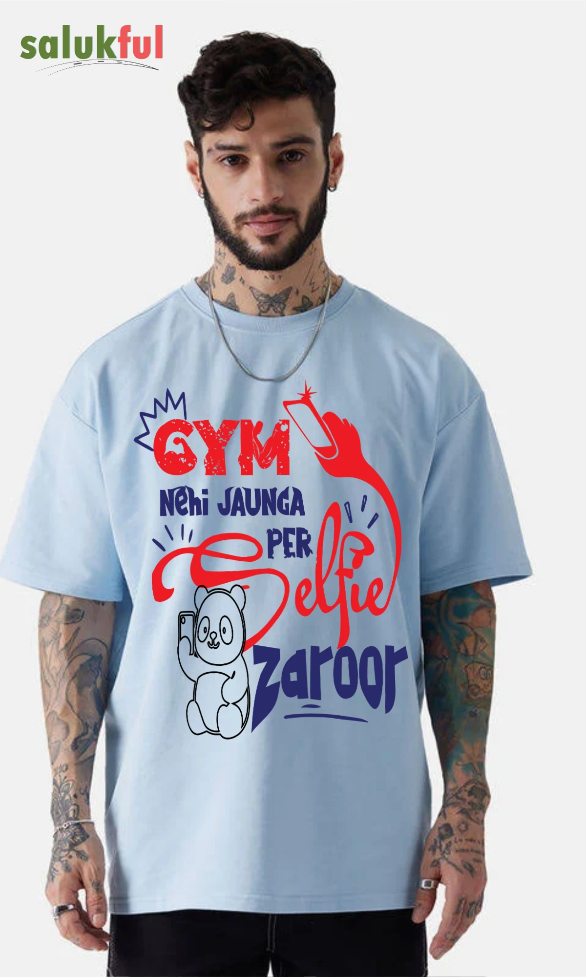 gym nahi jaunga baby blue1 Gym Nahi Jaunga Par Selfie Zaroor Men's Oversized Graphic Printed T-Shirt | Premium Cotton Relaxed Fit Casual Streetwear Tee by Salukful - Image 2