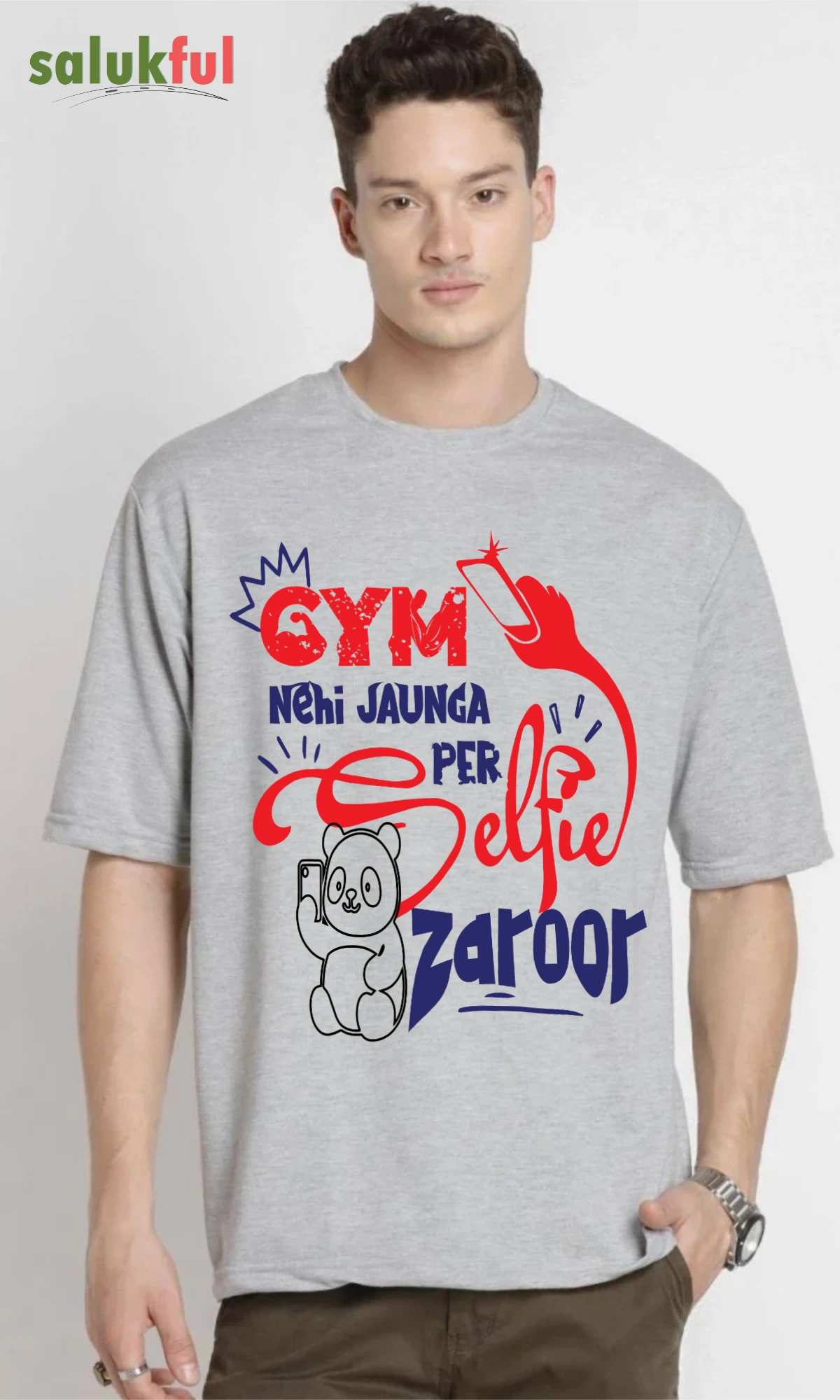 gym nahi jaunga gray melange Gym Nahi Jaunga Par Selfie Zaroor Men's Oversized Graphic Printed T-Shirt | Premium Cotton Relaxed Fit Casual Streetwear Tee by Salukful - Image 3