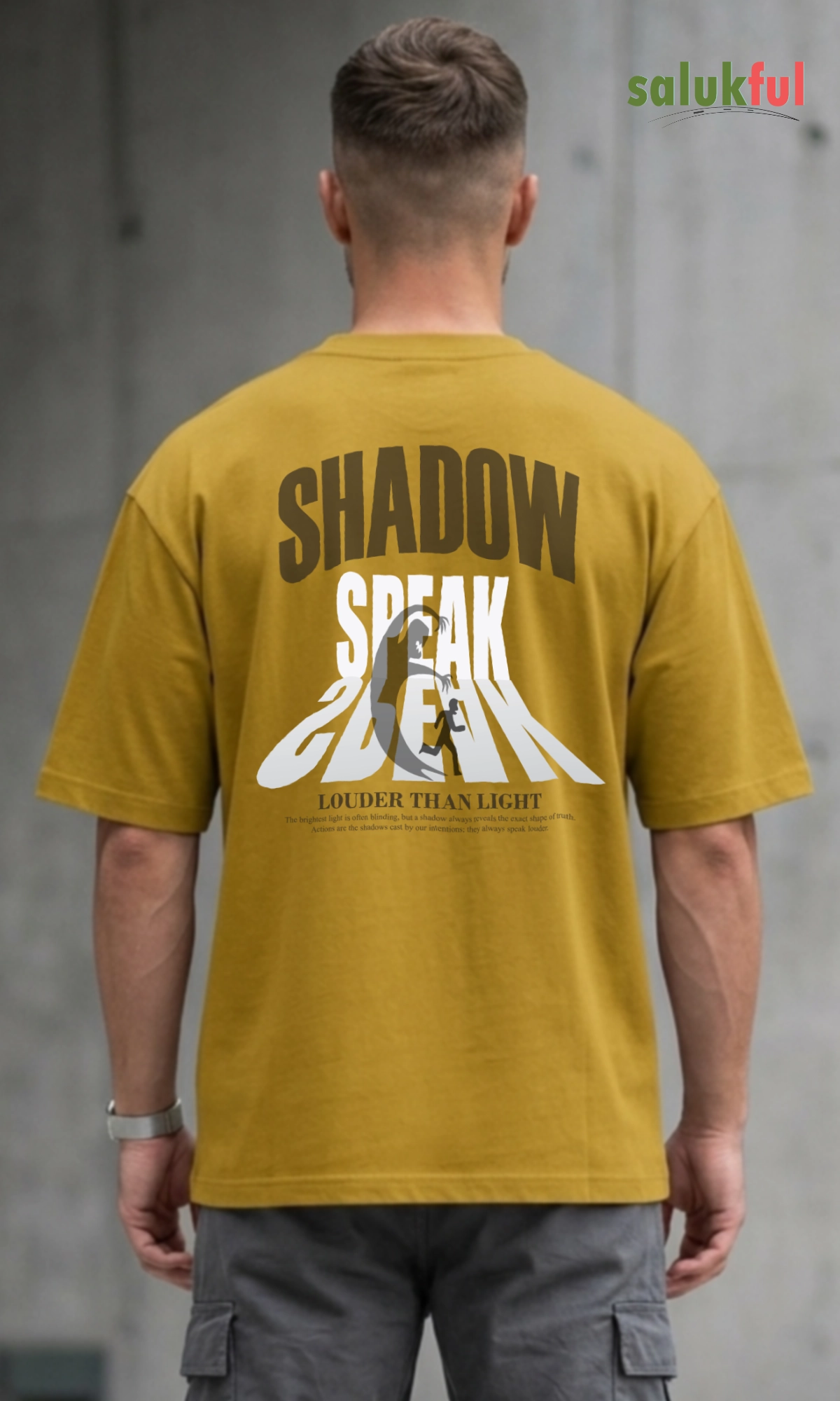 shadow mustard yellow back Shadows Speak Louder Than Light Men's Oversized Graphic Printed T-Shirt | Premium Cotton Relaxed Fit Streetwear Oversized Tee by Salukful - Image 2