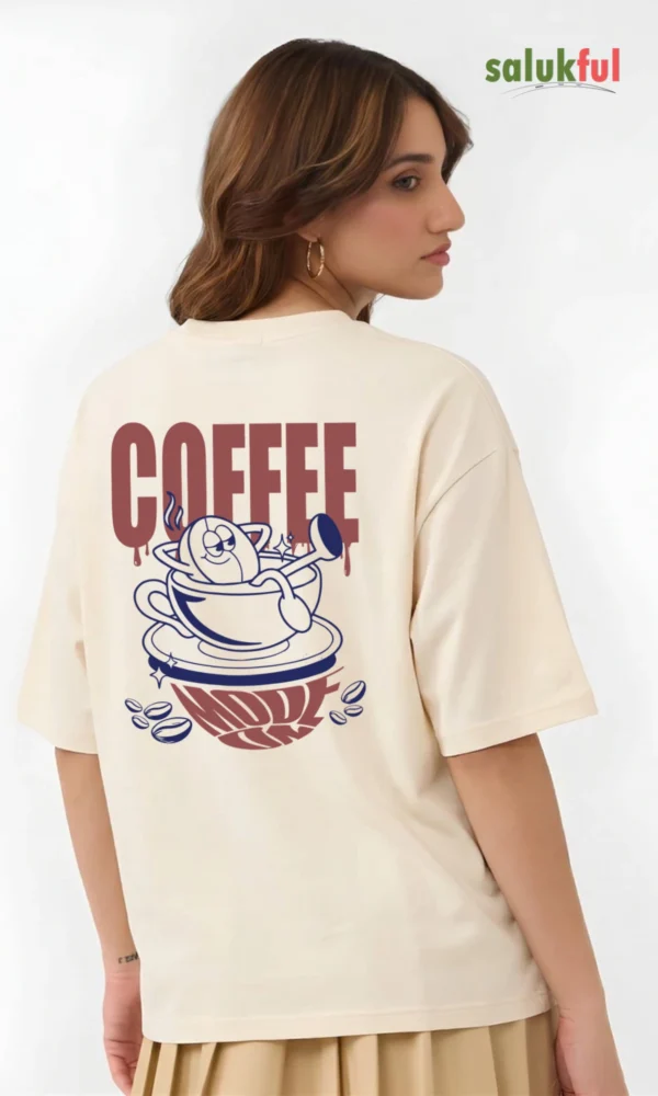 Home Coffee Mode On Women's Oversized Graphic Printed T-Shirt | Premium Cotton Drop Shoulder Relaxed Fit Coffee Lover Streetwear Tee by Salukful
