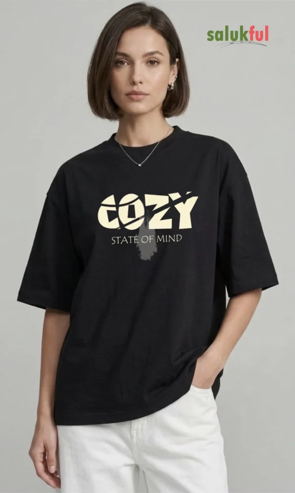Cozy State of Mind Women's Oversized Graphic Printed T-Shirt | Premium Cotton Drop Shoulder Relaxed Fit Aesthetic Streetwear Tee by Salukful