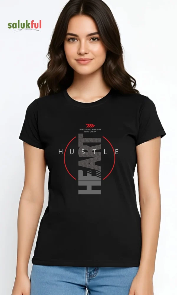 Hustle Heart Women's Classic Graphic Printed T-Shirt | Premium Cotton Round Neck Motivational Casual T-Shirt for Women by Salukful