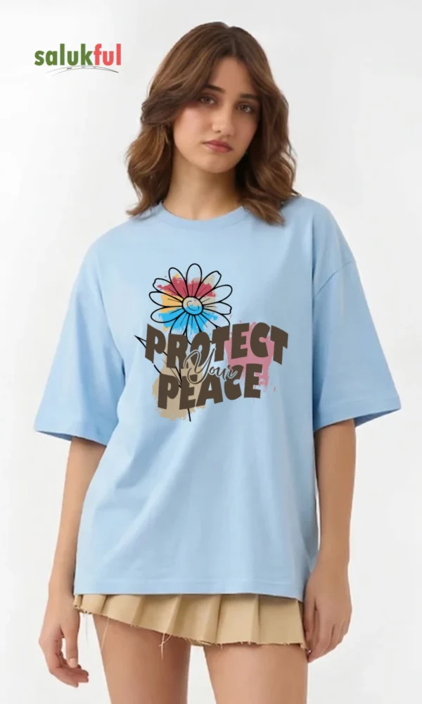 Protect Peace Women's Oversized Graphic Printed T-Shirt | Premium Cotton Drop Shoulder Relaxed Fit Aesthetic Streetwear Tee by Salukful