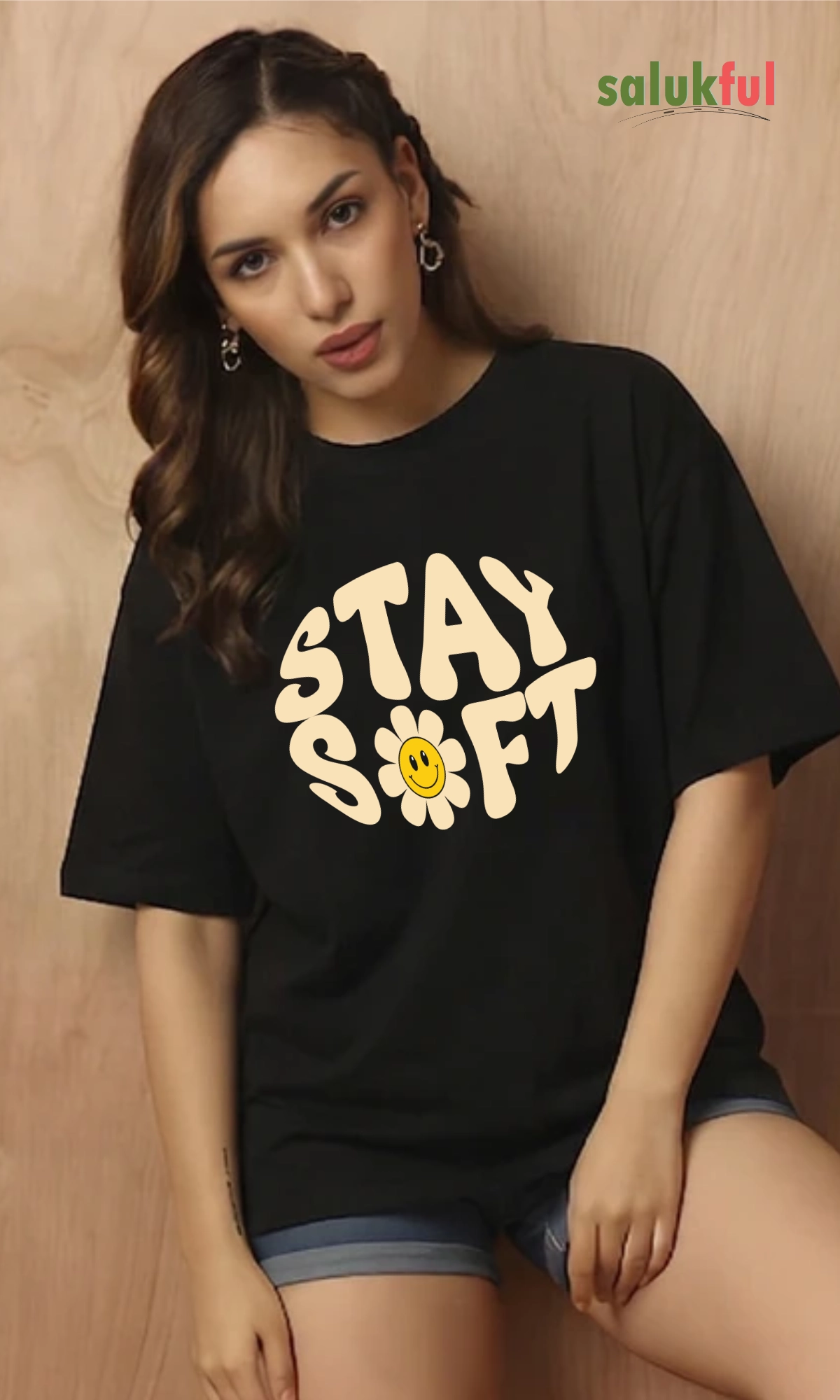 stay soft black Stay Soft Women's Oversized Graphic Printed T-Shirt | Premium Cotton Drop Shoulder Relaxed Fit Aesthetic Streetwear Tee by Salukful - Image 2