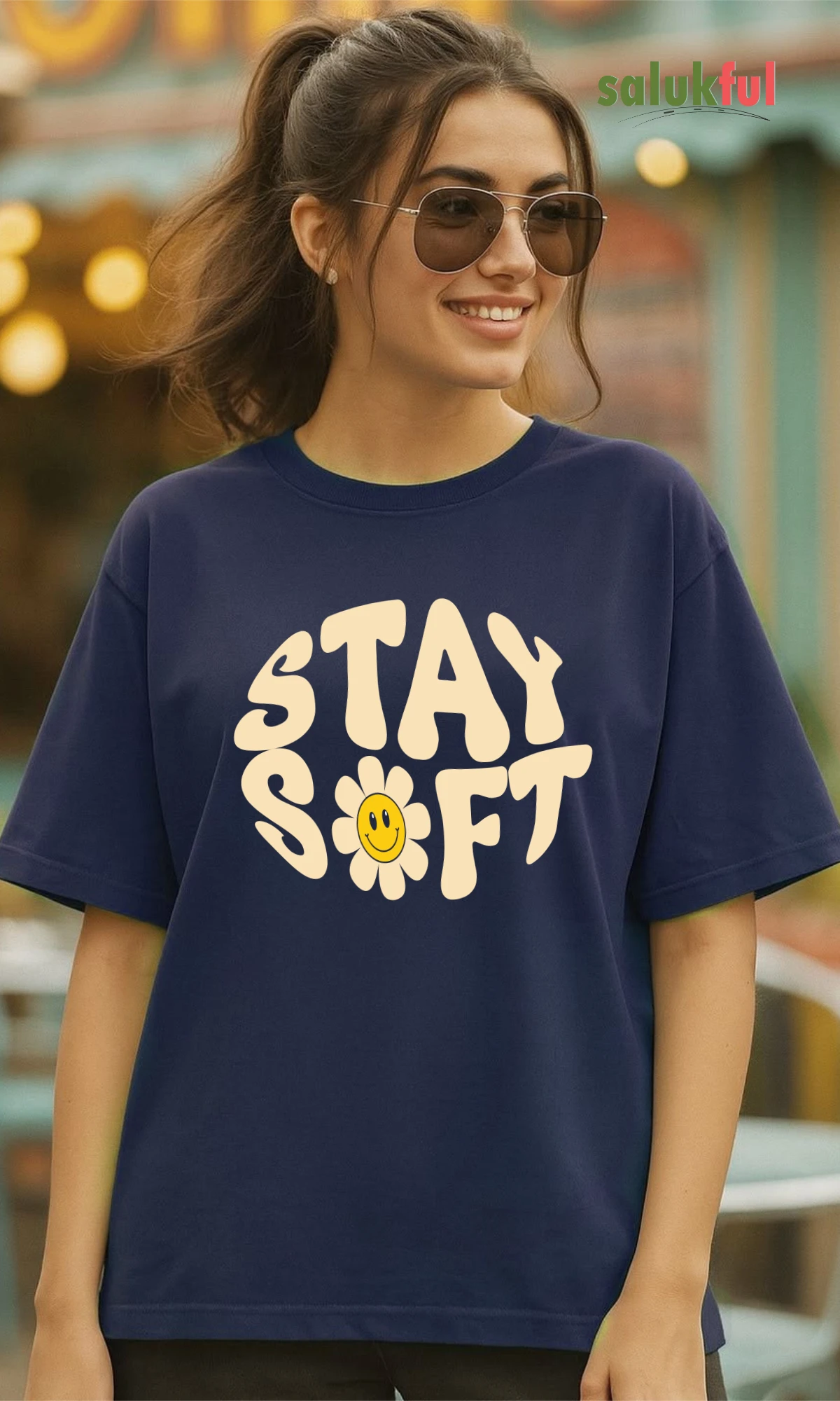 stay soft blue Stay Soft Women's Oversized Graphic Printed T-Shirt | Premium Cotton Drop Shoulder Relaxed Fit Aesthetic Streetwear Tee by Salukful