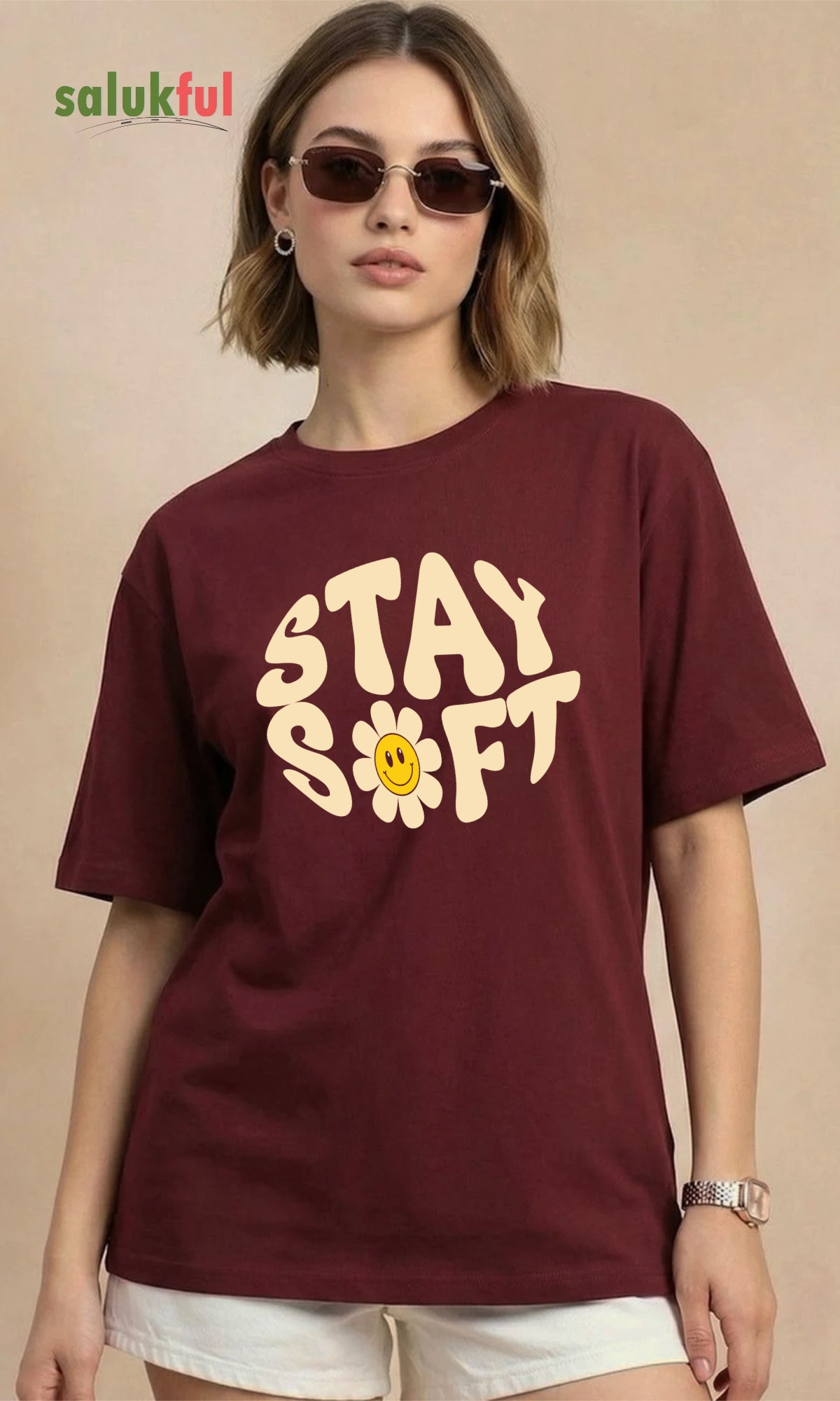 stay soft maroon Stay Soft Women's Oversized Graphic Printed T-Shirt | Premium Cotton Drop Shoulder Relaxed Fit Aesthetic Streetwear Tee by Salukful - Image 3